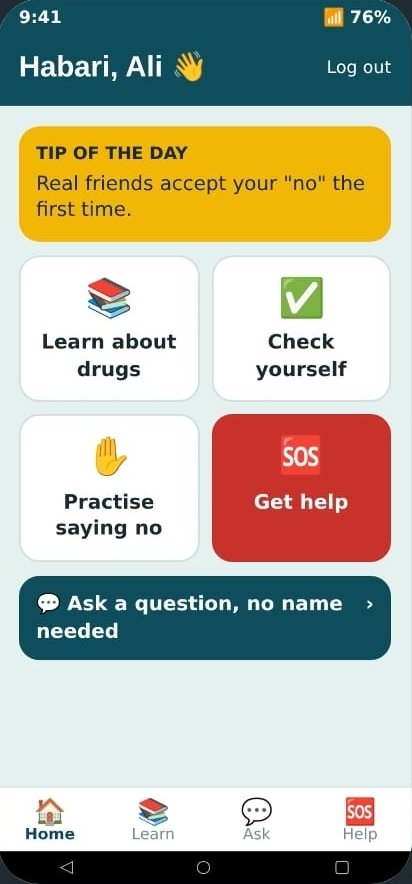 Drug-awareness app home screen with tips, self-check and get-help buttons
