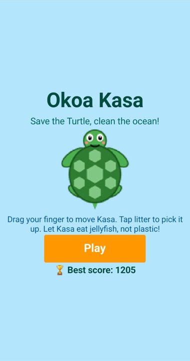 Okoa Kasa game start screen: Save the Turtle, clean the ocean